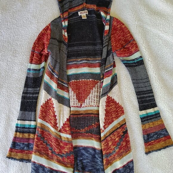 Mudd Duster Boho Aztec Hippie Multicolor Hooded Open Front Cardigan Sweater - Picture 6 of 6